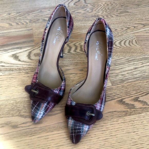 Plaid pump d’orsay pointed pointy toe stiletto dress buckle shoe vintage leather - Picture 3 of 14